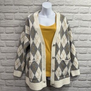 Zara Argyle Bohemian Knit Cardigan Sweater Oversized Pear Button Up Woman's Sz M